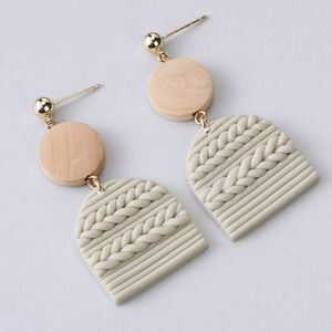 Handmade Clay & Wood Braided Sided Earring - Gold